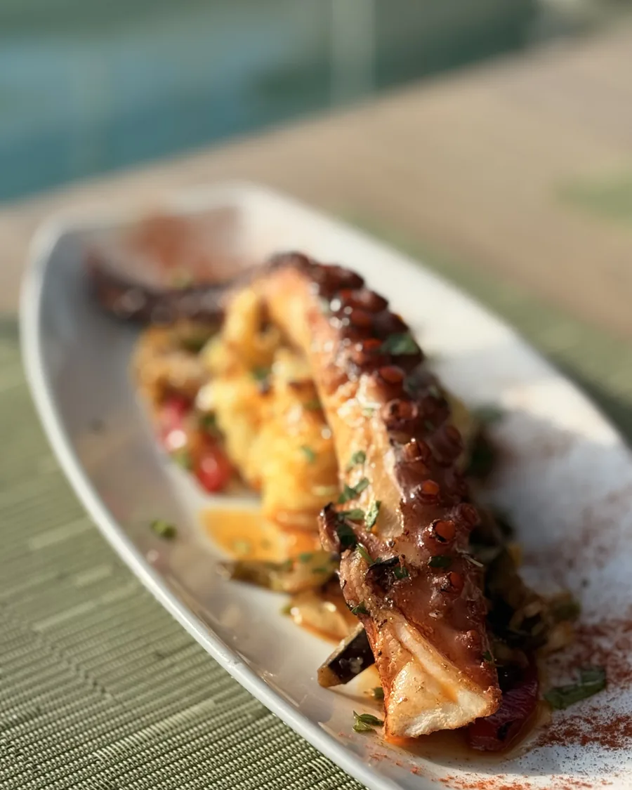 Pulpo servido en terraza.